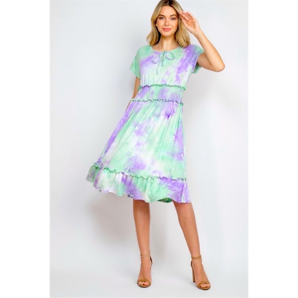 Butterfly Dsigns Tie Dye Smocked Waist Dress